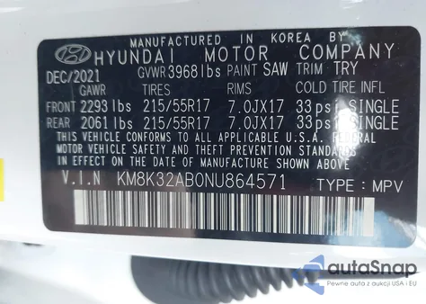 2022 Hyundai Kona Sel z USA, uszkodzony, nr VIN KM8K32AB0NU864571